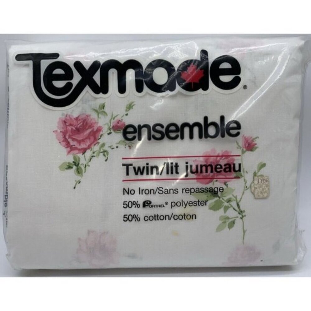 Texmade Twin Size Sheet Set Pink Rose Floral No Iron Vintage Canada Made 1980s